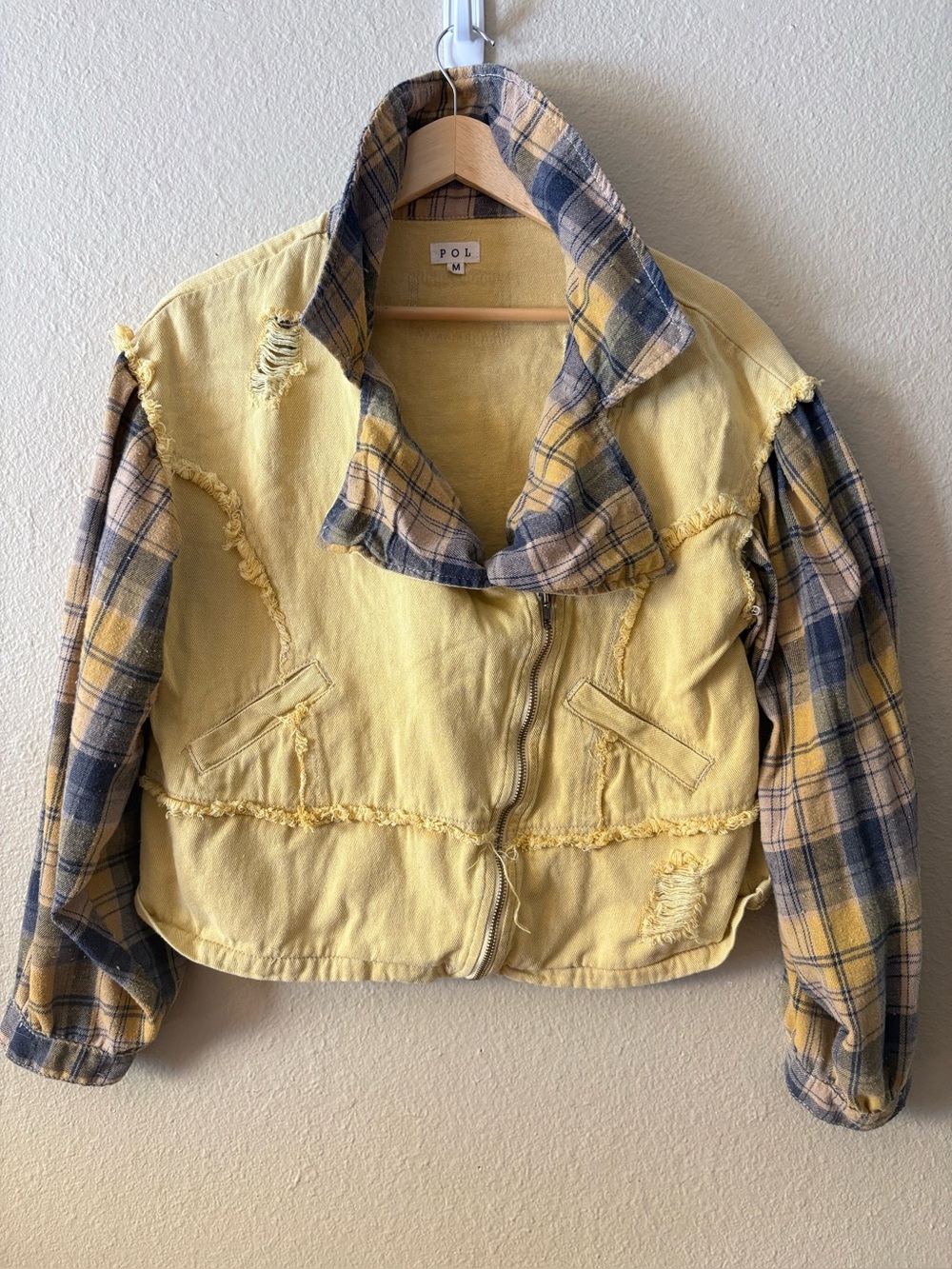 POL Women's M Distressed Yellow Plaid Sleeve Jacket 100% Cotton Boho Grunge
